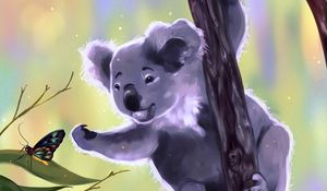 Preview wallpaper koala, butterfly, touch, branches, art