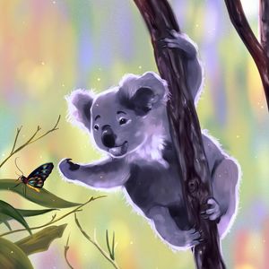 Preview wallpaper koala, butterfly, touch, branches, art