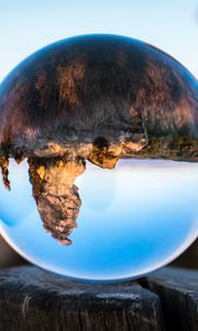 Preview wallpaper konigstein, bowl, glass, tree stump, reflection, mountains