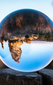 Preview wallpaper konigstein, bowl, glass, tree stump, reflection, mountains