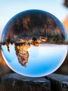 Preview wallpaper konigstein, bowl, glass, tree stump, reflection, mountains