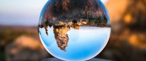 Preview wallpaper konigstein, bowl, glass, tree stump, reflection, mountains