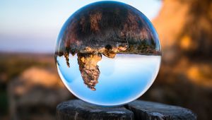 Preview wallpaper konigstein, bowl, glass, tree stump, reflection, mountains