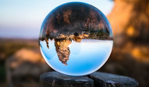 Preview wallpaper konigstein, bowl, glass, tree stump, reflection, mountains