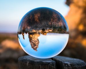 Preview wallpaper konigstein, bowl, glass, tree stump, reflection, mountains