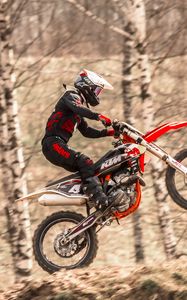 Preview wallpaper ktm, motorcycle, bike, red, motorcyclist, stunt, jump