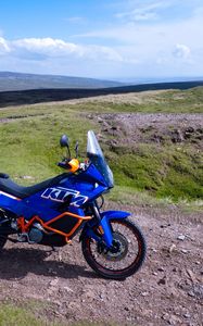 Preview wallpaper ktm, motorcycle, bike, blue, hills