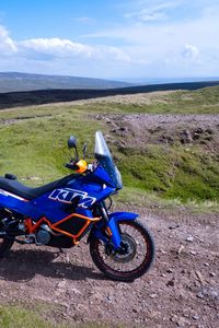 Preview wallpaper ktm, motorcycle, bike, blue, hills