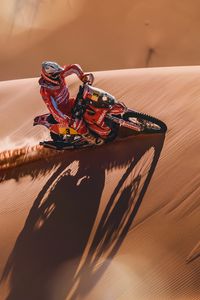 Preview wallpaper ktm, motorcycle, bike, motorcyclist, desert, sand, rally