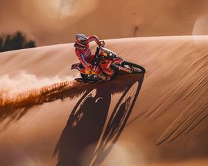 Preview wallpaper ktm, motorcycle, bike, motorcyclist, desert, sand, rally