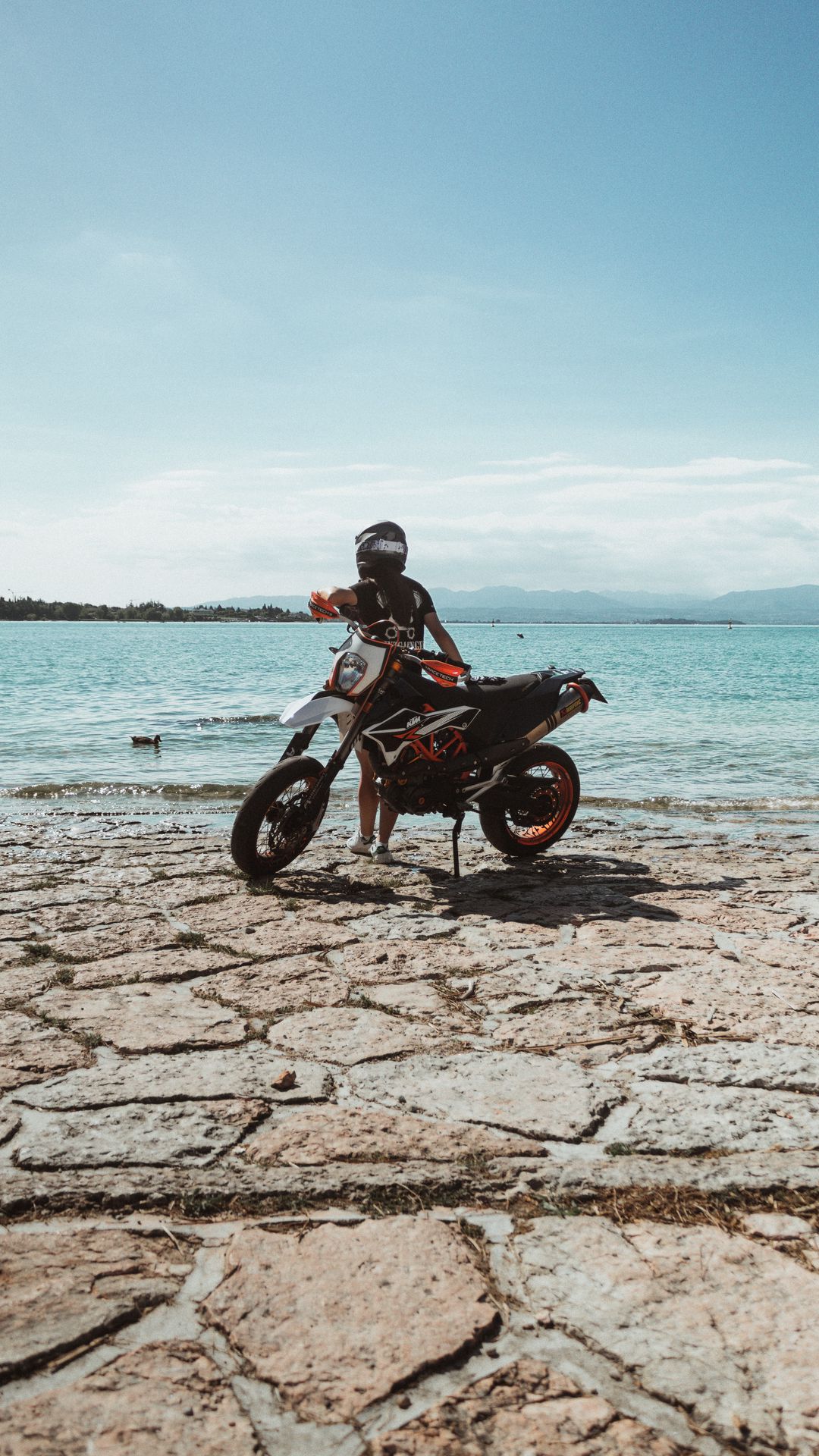 Download wallpaper 1080x1920 ktm, motorcycle, girl, helmet, coast