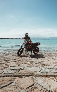 Preview wallpaper ktm, motorcycle, girl, helmet, coast