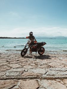 Preview wallpaper ktm, motorcycle, girl, helmet, coast