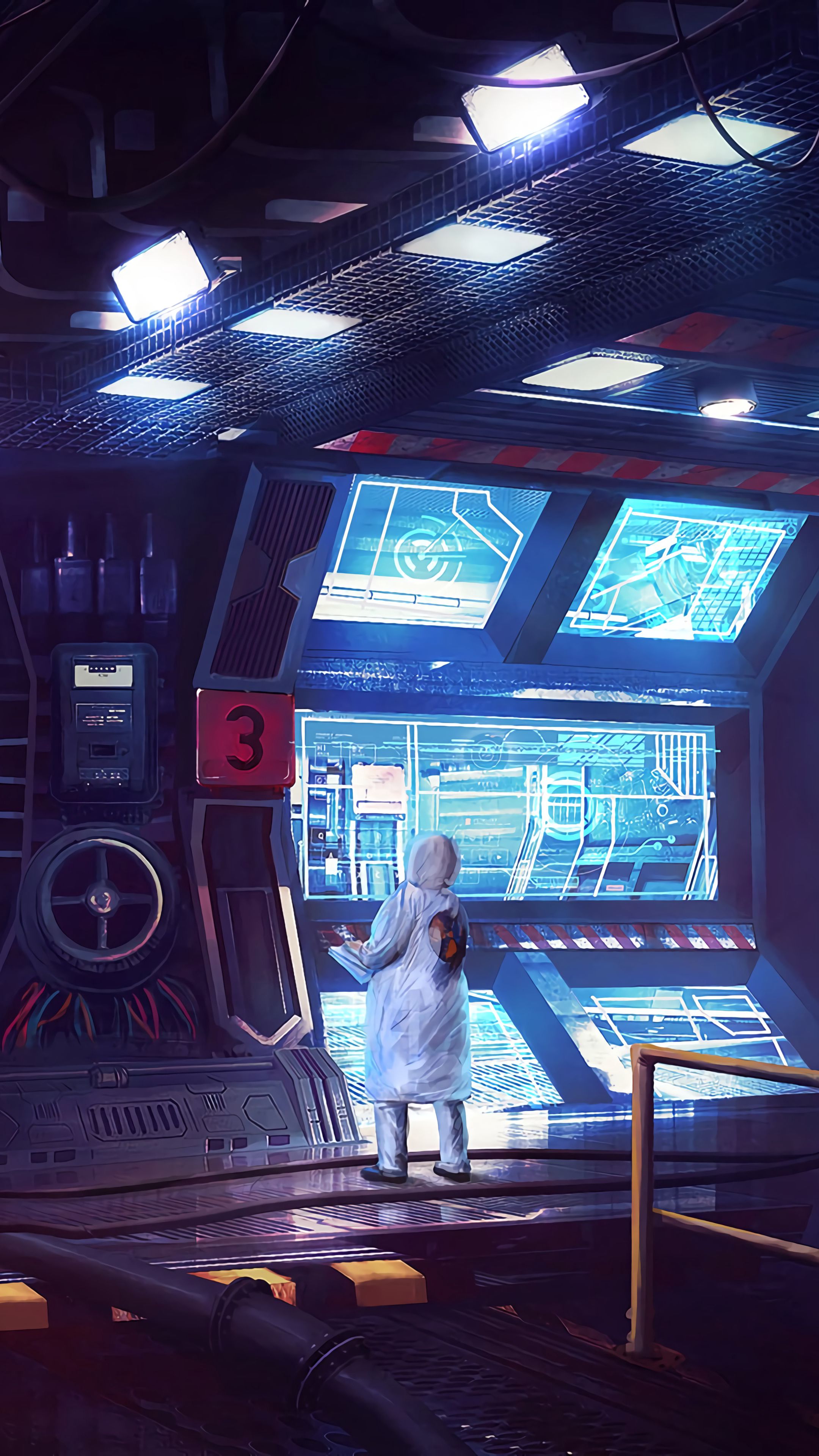 Download wallpaper 2160x3840 laboratory, sci-fi, art, man, monitors