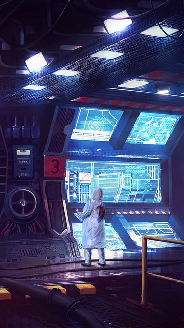 360x640 Wallpaper laboratory, sci-fi, art, man, monitors, light