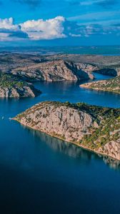 Preview wallpaper lake, aerial view, islands, sky, clouds, landscape