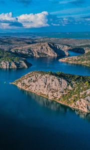 Preview wallpaper lake, aerial view, islands, sky, clouds, landscape