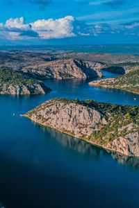 Preview wallpaper lake, aerial view, islands, sky, clouds, landscape