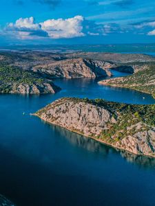 Preview wallpaper lake, aerial view, islands, sky, clouds, landscape