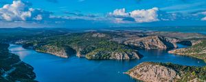 Preview wallpaper lake, aerial view, islands, sky, clouds, landscape