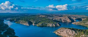 Preview wallpaper lake, aerial view, islands, sky, clouds, landscape