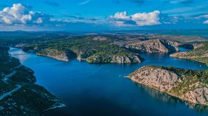 Preview wallpaper lake, aerial view, islands, sky, clouds, landscape