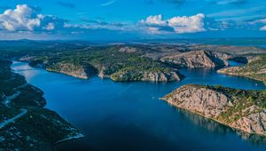 Preview wallpaper lake, aerial view, islands, sky, clouds, landscape