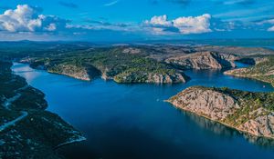 Preview wallpaper lake, aerial view, islands, sky, clouds, landscape