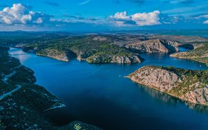 Preview wallpaper lake, aerial view, islands, sky, clouds, landscape