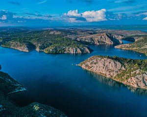 Preview wallpaper lake, aerial view, islands, sky, clouds, landscape