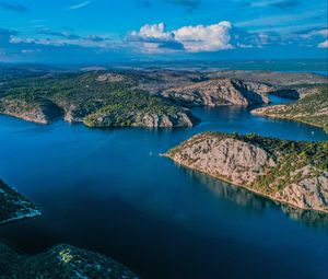 Preview wallpaper lake, aerial view, islands, sky, clouds, landscape