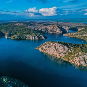 Preview wallpaper lake, aerial view, islands, sky, clouds, landscape