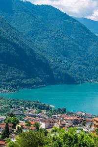 Preview wallpaper lake, bay, mountains, trees, houses, nature