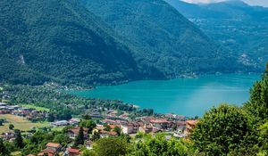 Preview wallpaper lake, bay, mountains, trees, houses, nature