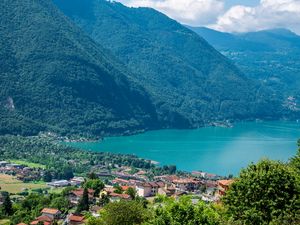 Preview wallpaper lake, bay, mountains, trees, houses, nature