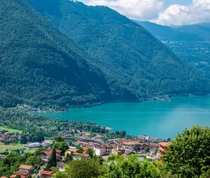 Preview wallpaper lake, bay, mountains, trees, houses, nature