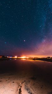 Preview wallpaper lake, beach, night, light, starry sky