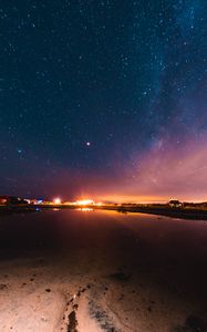 Preview wallpaper lake, beach, night, light, starry sky