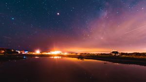 Preview wallpaper lake, beach, night, light, starry sky