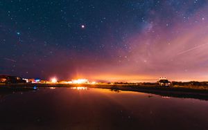 Preview wallpaper lake, beach, night, light, starry sky