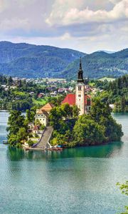 Preview wallpaper lake bled, slovenia, mariinsky church, lake, hdr