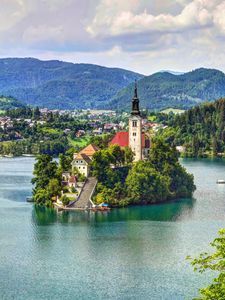 Preview wallpaper lake bled, slovenia, mariinsky church, lake, hdr