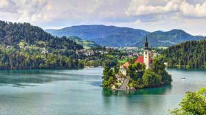 Preview wallpaper lake bled, slovenia, mariinsky church, lake, hdr