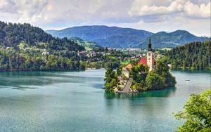 Preview wallpaper lake bled, slovenia, mariinsky church, lake, hdr