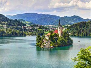 Preview wallpaper lake bled, slovenia, mariinsky church, lake, hdr