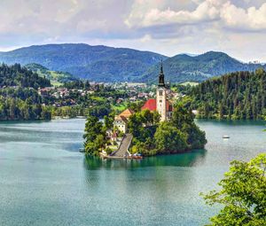 Preview wallpaper lake bled, slovenia, mariinsky church, lake, hdr