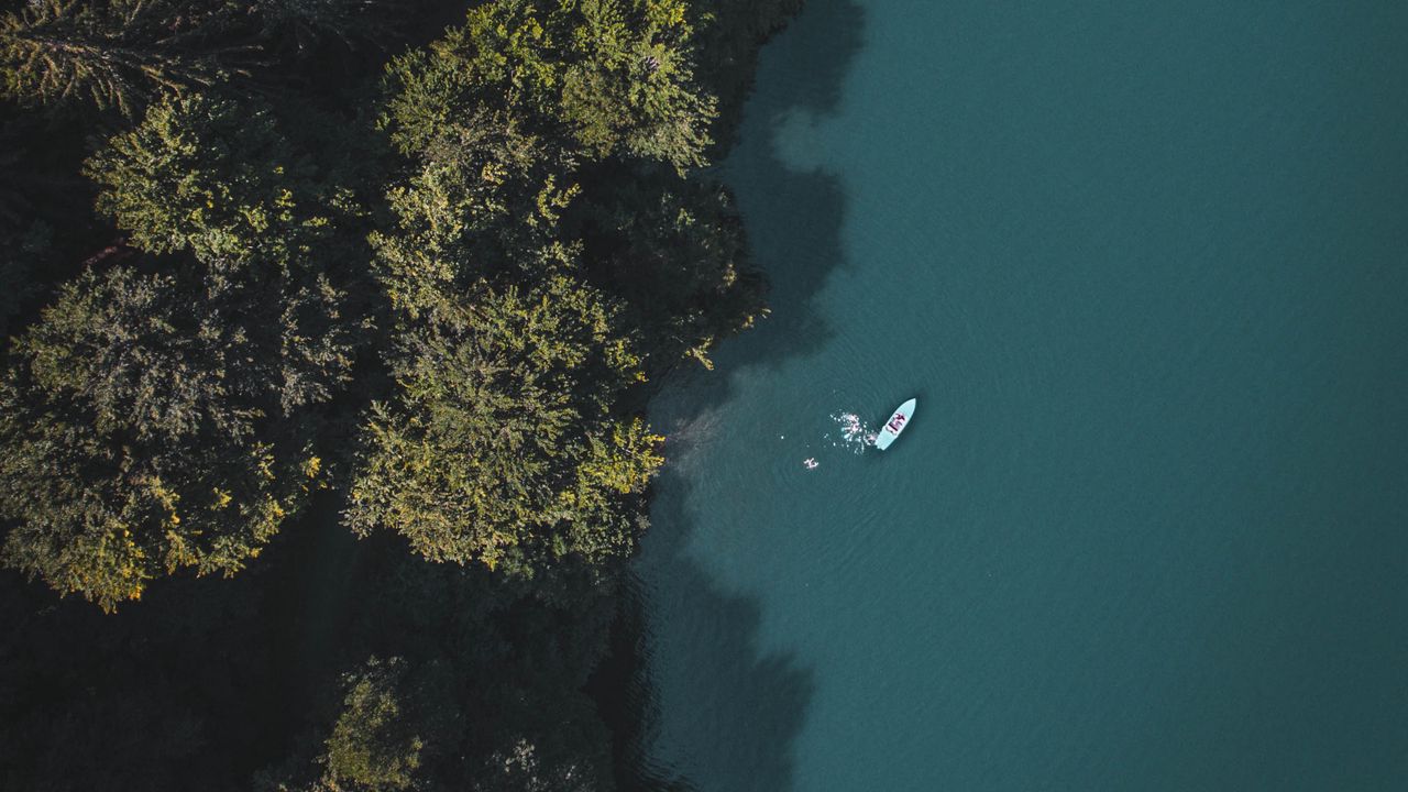 Wallpaper lake, boat, aerial view, trees