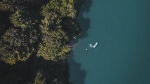 Preview wallpaper lake, boat, aerial view, trees
