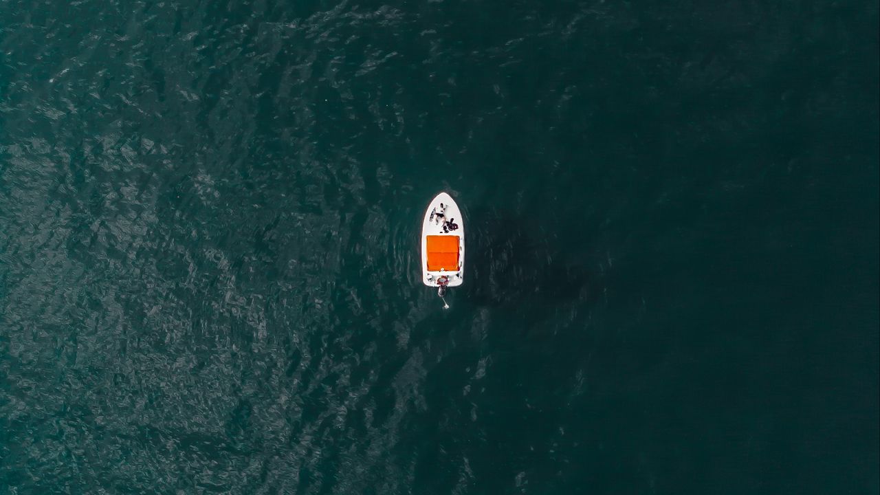 Wallpaper lake, boat, aerial view, water