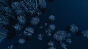 Preview wallpaper lake, boat, aerial view, trees